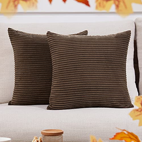 Deconovo Pack of 2, Throw Pillow Cover for Sofa, 16x16 Inch, Brown, Corduroy Decorative Cushion Cover, Solid Color Pillow Covers with Stripes for Living Room Bedroom Couch