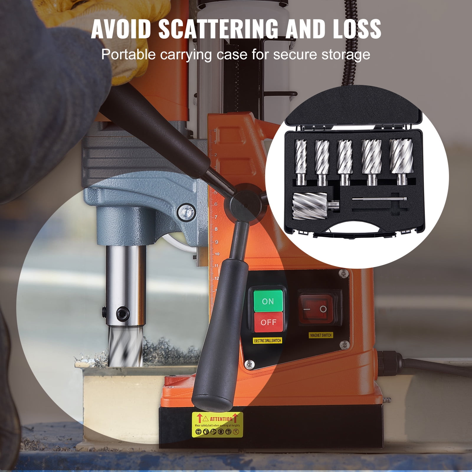 VEVOR Annular Cutter Set, 6 pcs Weldon Shank Mag Drill Bits, 1" to 2" Cutting Diameter, 2" Cutting Depth, M2AL High-Speed Steel, with 2 Pilot Pins and Portable Case, for Using with Magnetic Drills