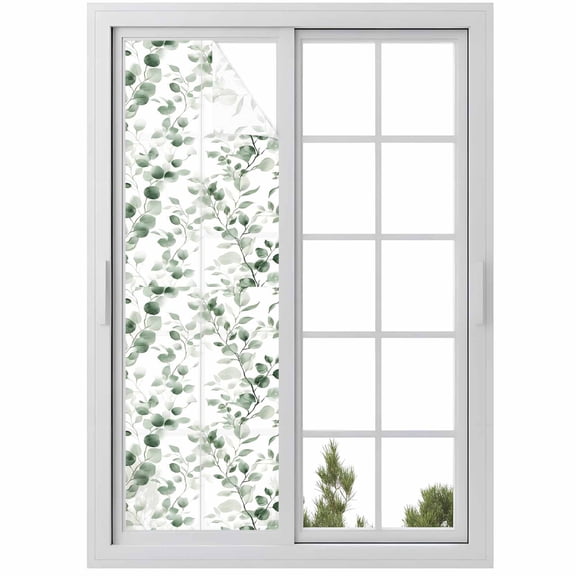 Green Eucalyptus Leaf Window Privacy Film Watercolor Farm Plant Decorative Glass Window Film UV Blocking Static Cling Non-Adhesive Sticker Covering for Home Door 29.5 x 118 inches