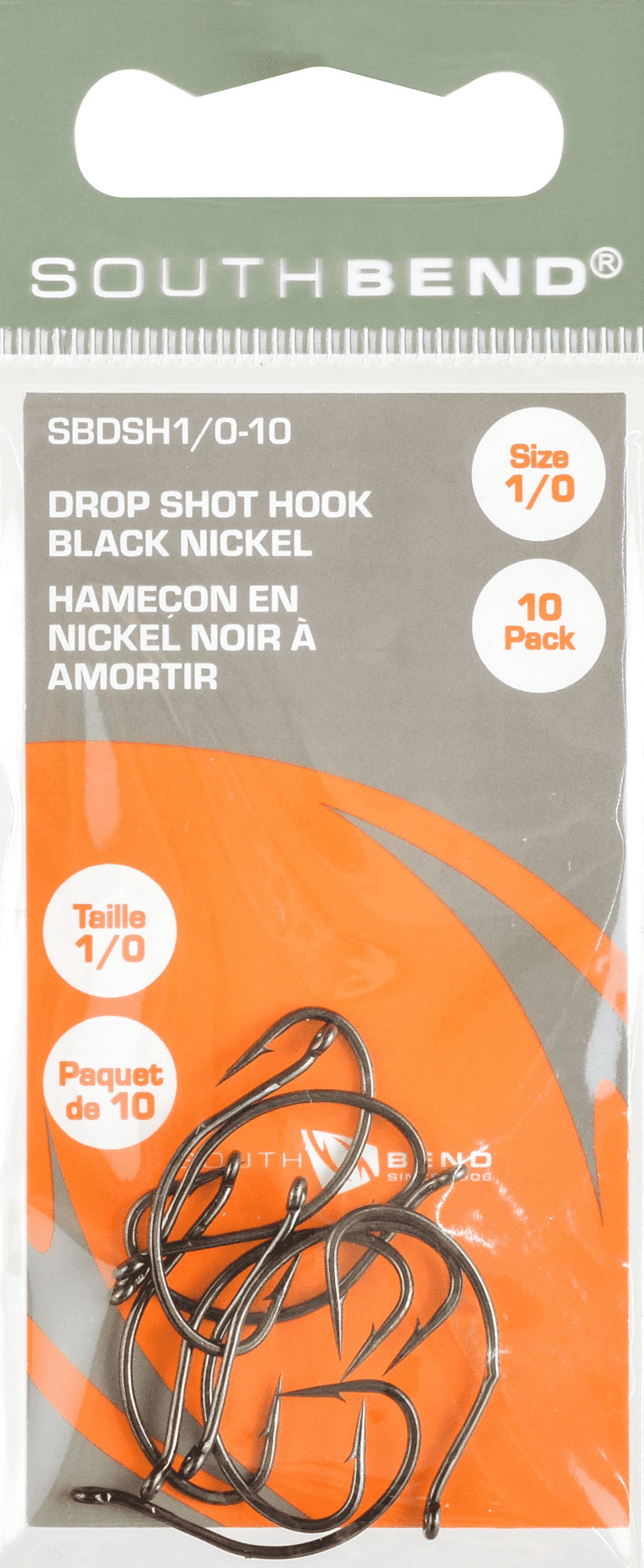 South Bend Drop Shot Hooks Fishing Terminal Tackle, Nickel/Black, #1/0, 10-pack
