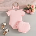 thumbnail image 5 of WRKEKC Baby Girl Romper 3 Piece Set Short Flutter Sleeve Soft Ribbed Bodysuit Bow Shorts Headband for Infants 0-18 Months, 5 of 9