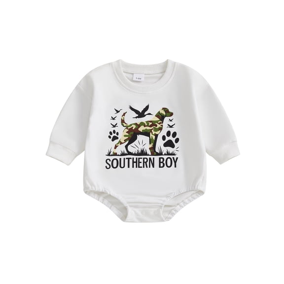 Rovasas Baby Boy Romper Long Sleeve Round Neck Camo Dog Print Bodysuit