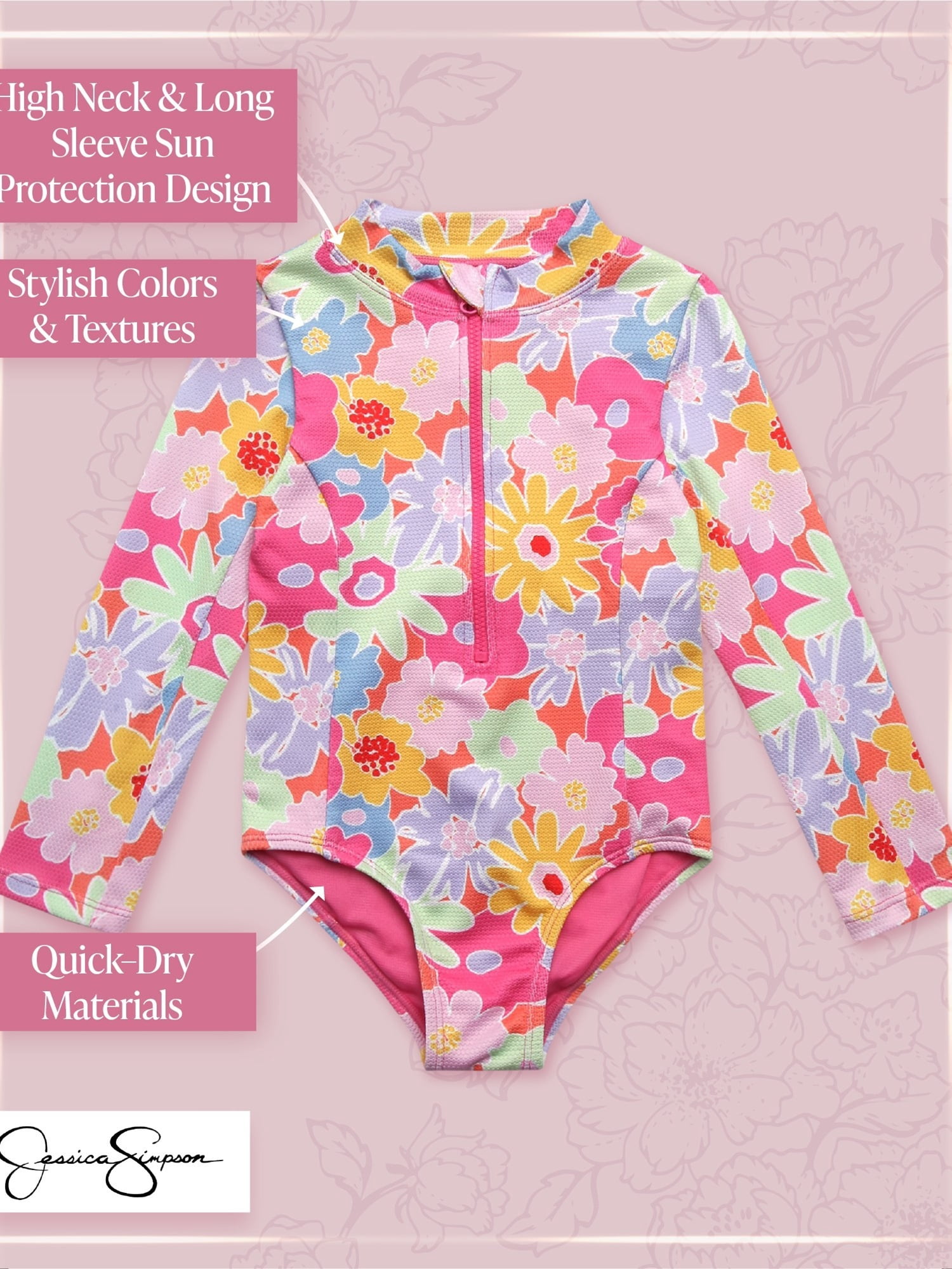Jessica Simpson Girls' Long Sleeve Rashguard One-piece Swimsuit, Sizes 4-16