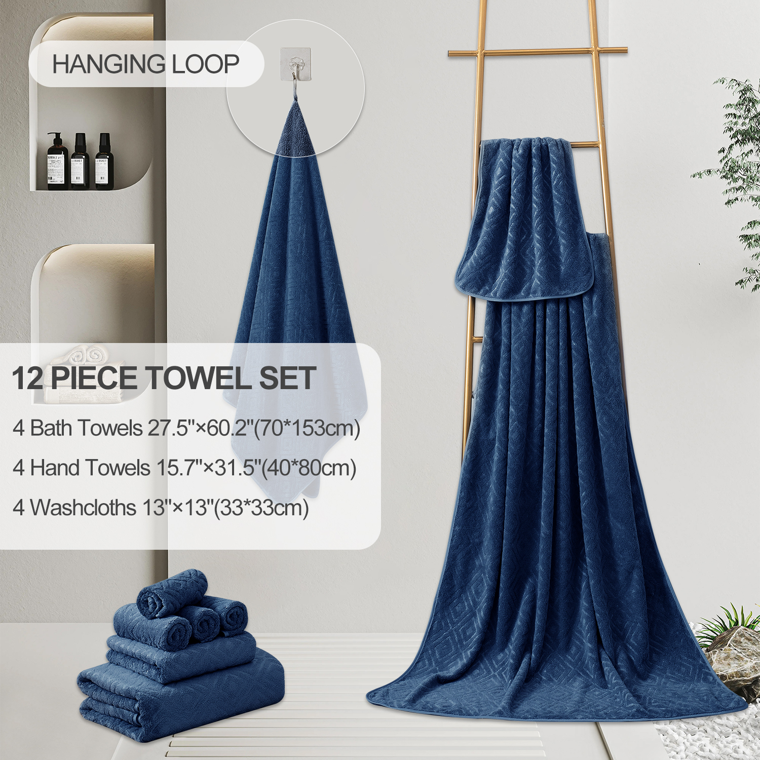 12 Piece Family Towels Set for Bathroom, Quick Drying, High Absorbent Ultra Soft Towel Sheet, Includes 4 Bath Towels, 4 Hand Towels, & 4 Washcloths (Navy)