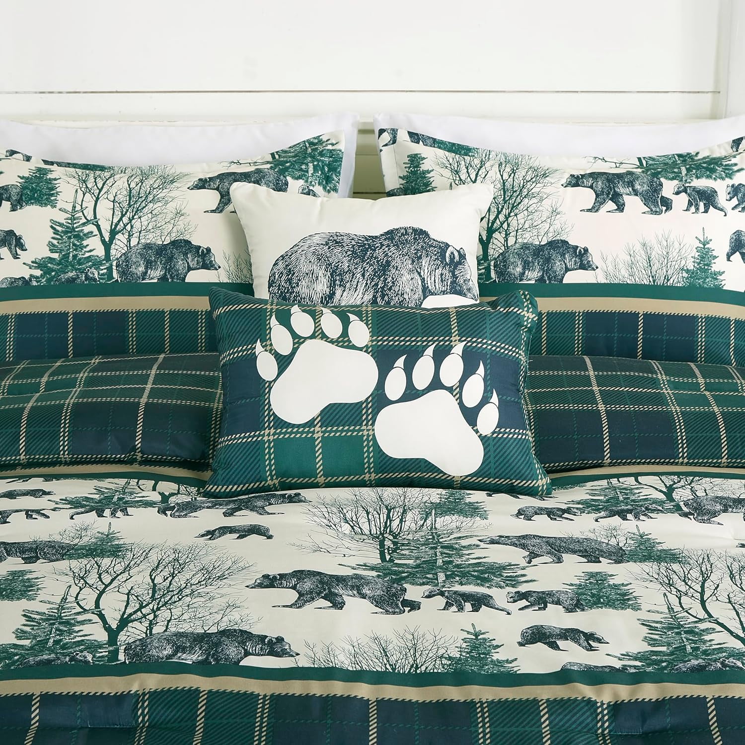 Chezmoi Collection Basin 7-Piece Northwest Cabin Lodge Comforter Set, Blue Green Ivory Tan Grizzly Bear Pine Tree Wilderness Printed Microfiber Bedding, Queen