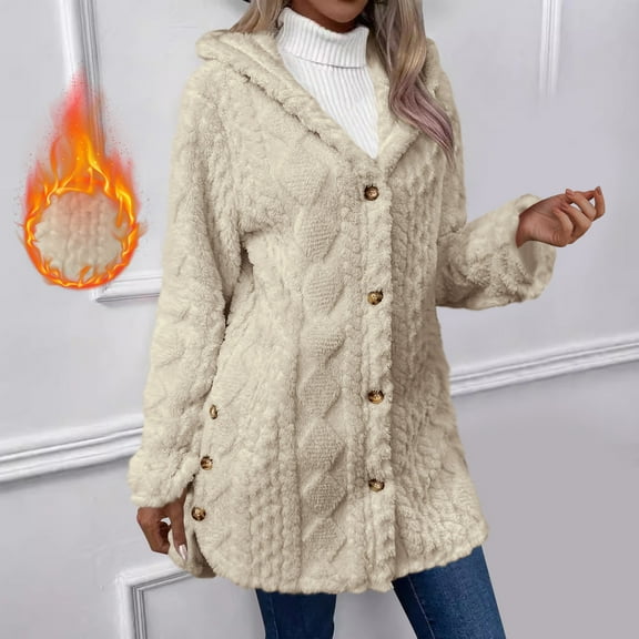 Goodtrade8 Jackets for Women Fleece Button Warm Casual Hooded Solid Color Long Sleeve Women Winter Tops