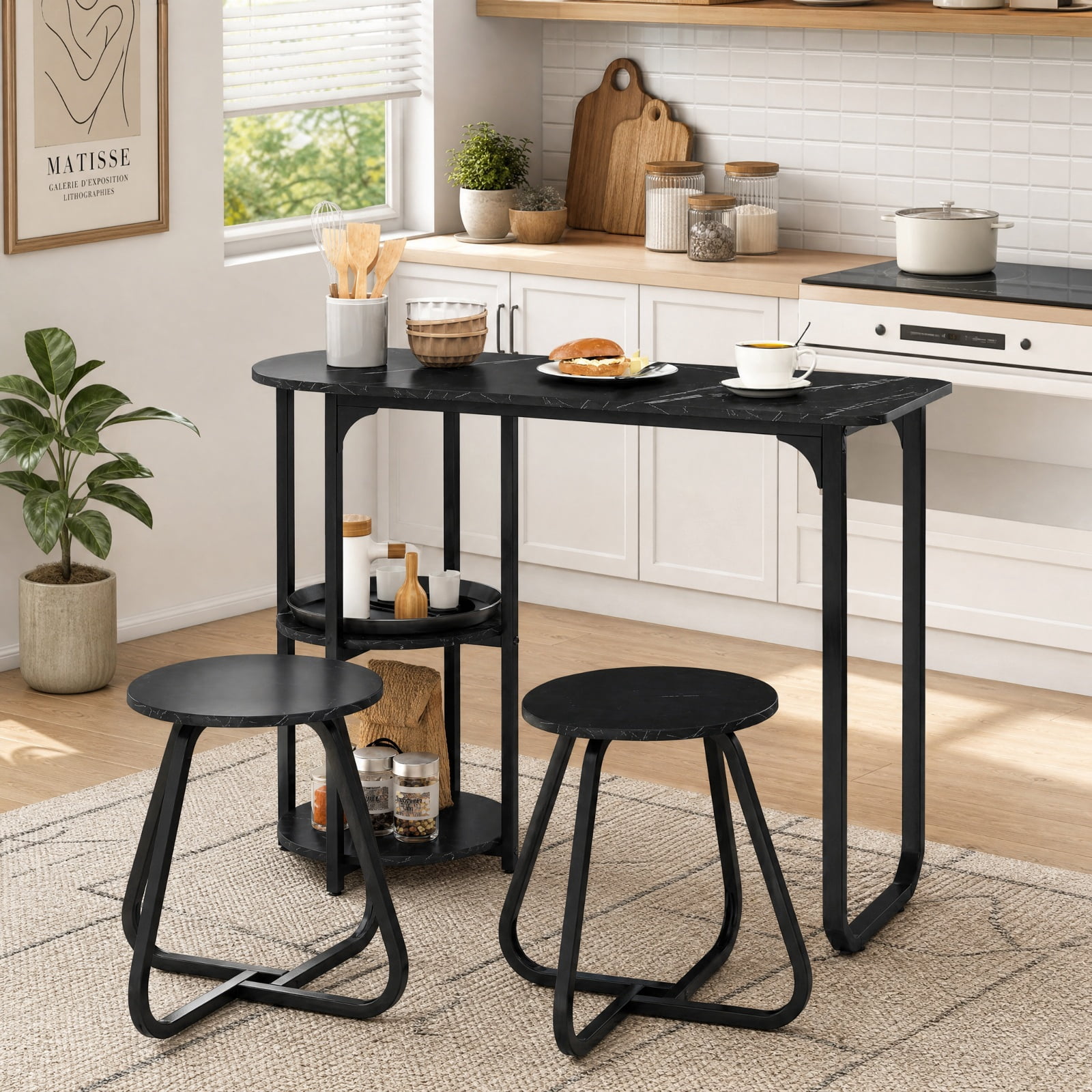 Furnibear 3 Piece Industrial Dining Table Set for Small Space with 2 Stools and Side Shelves for Kitchen and Apartment, Black