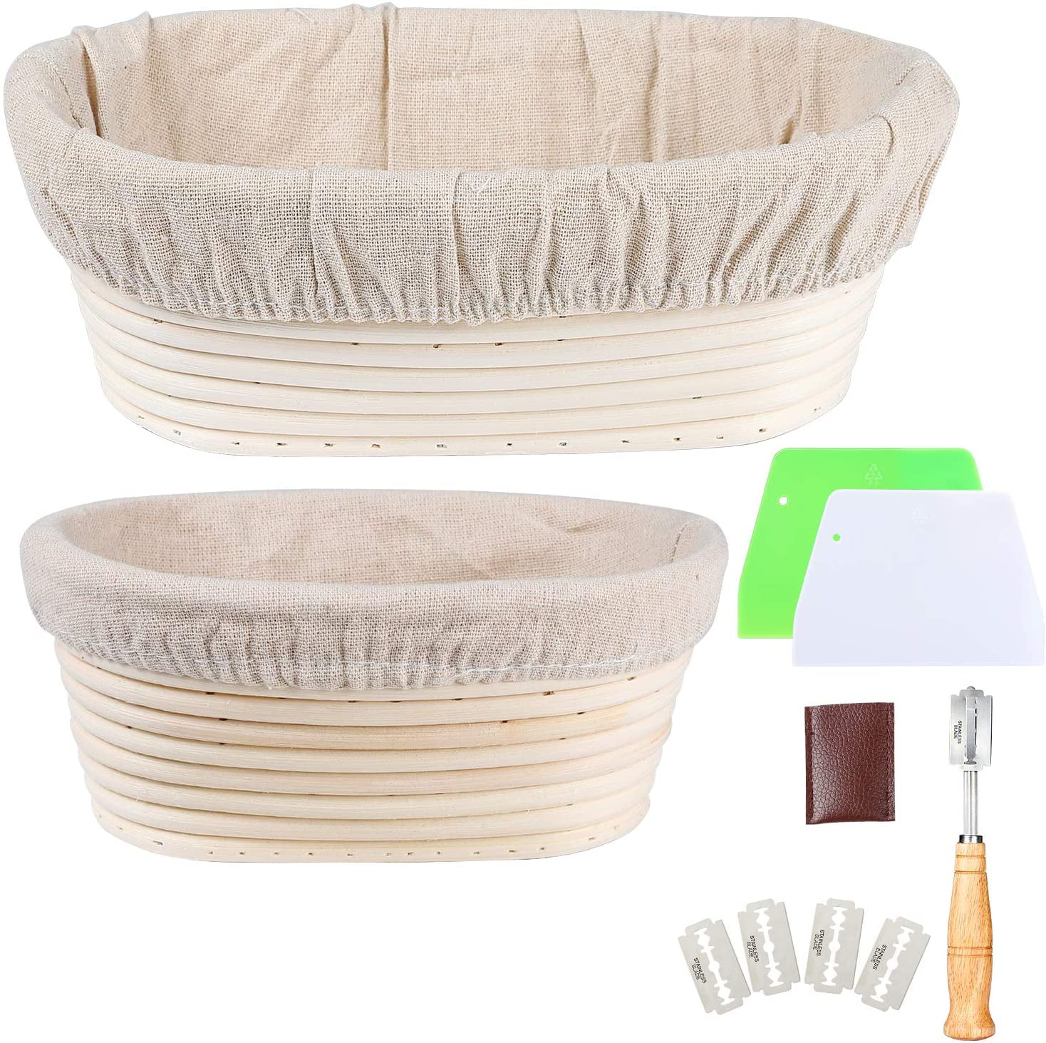 Steel-Clamped Scraper Wicker Cane Oval, for 1.5 & 2.2 lb of Sourdough w/Covering Banneton Bread Proofing Basket Set of 2 Stainl Natural Fermentation Baskets