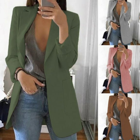 LOVZFMLL Women's Blazer Open Front Solid Color Relaxed Fit Work Jacket Long Sleeve Suit Jacket for Office & Casual Wear