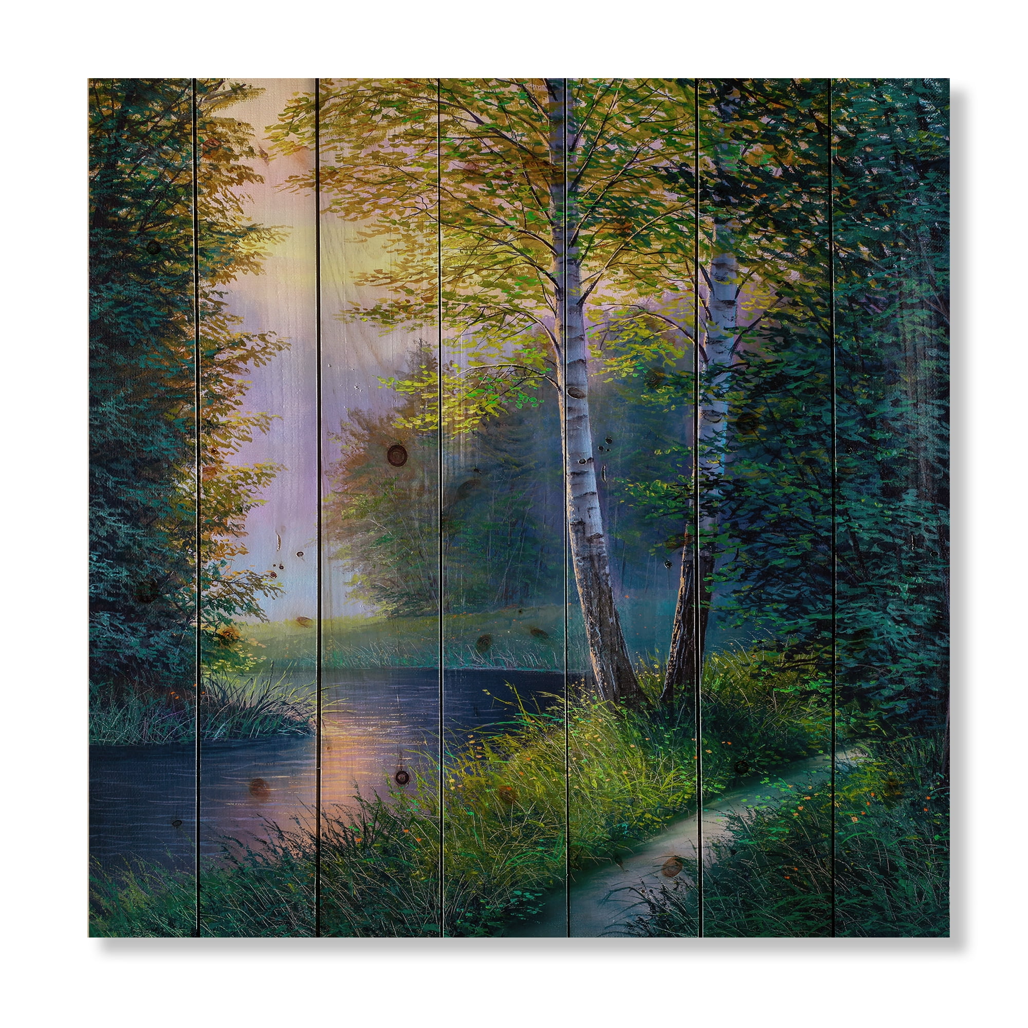 Designart 'Sunrise Glow Through The Birch Forest' Lake House Print on Natural Pine Wood