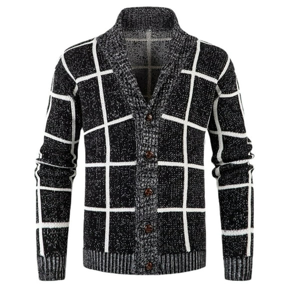 DHFJKG Mens Plaid Kinted Cardigan Sweater Knitting Stand Collar Long Sleeve Button Up Knitting Coat With Ribbing Edge Versatile Outerwear