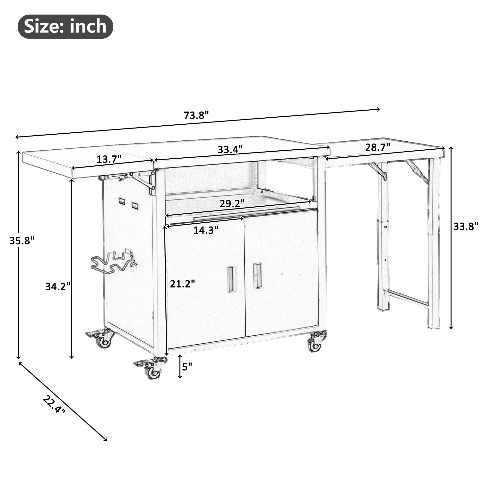 Foldable BBQ Prep Cart, Outdoor Patio Dining Serving Cart with Trash Rack for Backyard, Gray