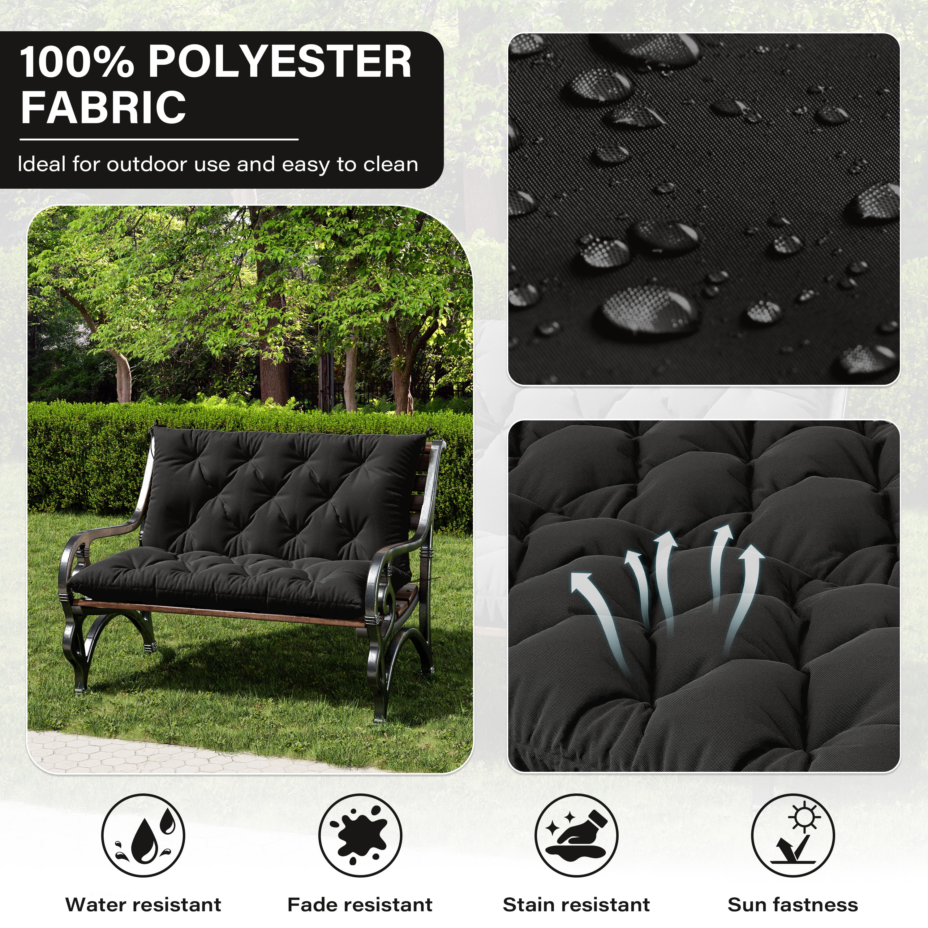 Snubbull Swing Replacement Cushion, Outside Bench Cushion with Backrest, 2 Seater Cushion with 6 Ties for Outdoor Furniture, 40 x 40 x 5 inches Porch SwingCushion Garden Bench, Black