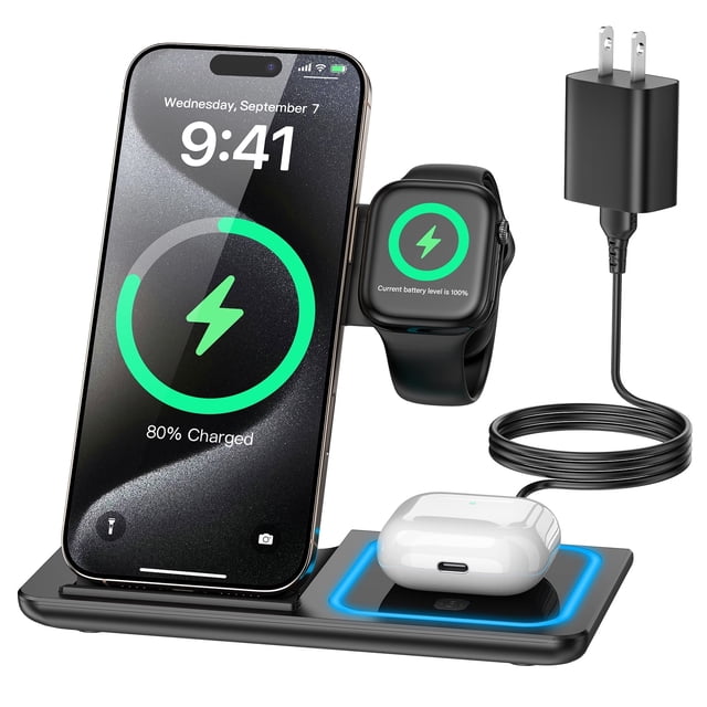 Cshidworld Estación de Carga Inalámbrica, Cargador de Viaje Plegable 3 en 1 para Dispositivos Apple, Compatible con iPhone 16/15/14/Pro/Max, Apple Watch Series 3 a 10/SE/Ultra, AirPods Pro 2/3/4 (con