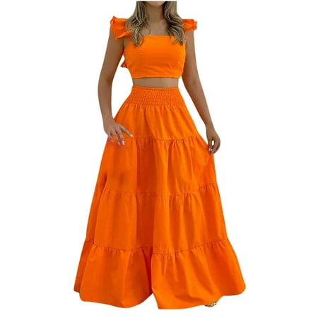 

Women s 2 Piece Summer Outfits Casual Plain Ruffle Sleeve Crop Top High Waisted Tiered Maxi Skirt Set Boho Holiday Dress Womens Clothes