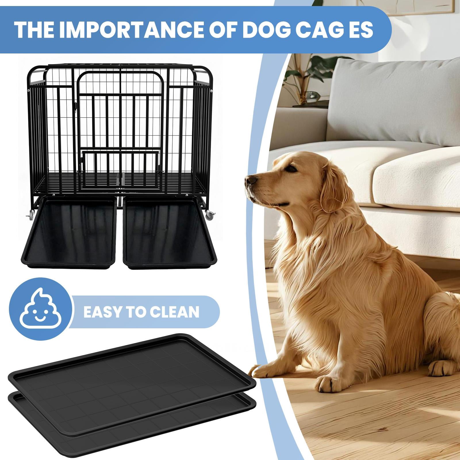 Black 42inch Indestructible Dog Cage, Double Door Dog Crate with Lockable Wheels, Easy Clean Removable Tray Dog Kennel for indoor apartment pet daily care and confinement