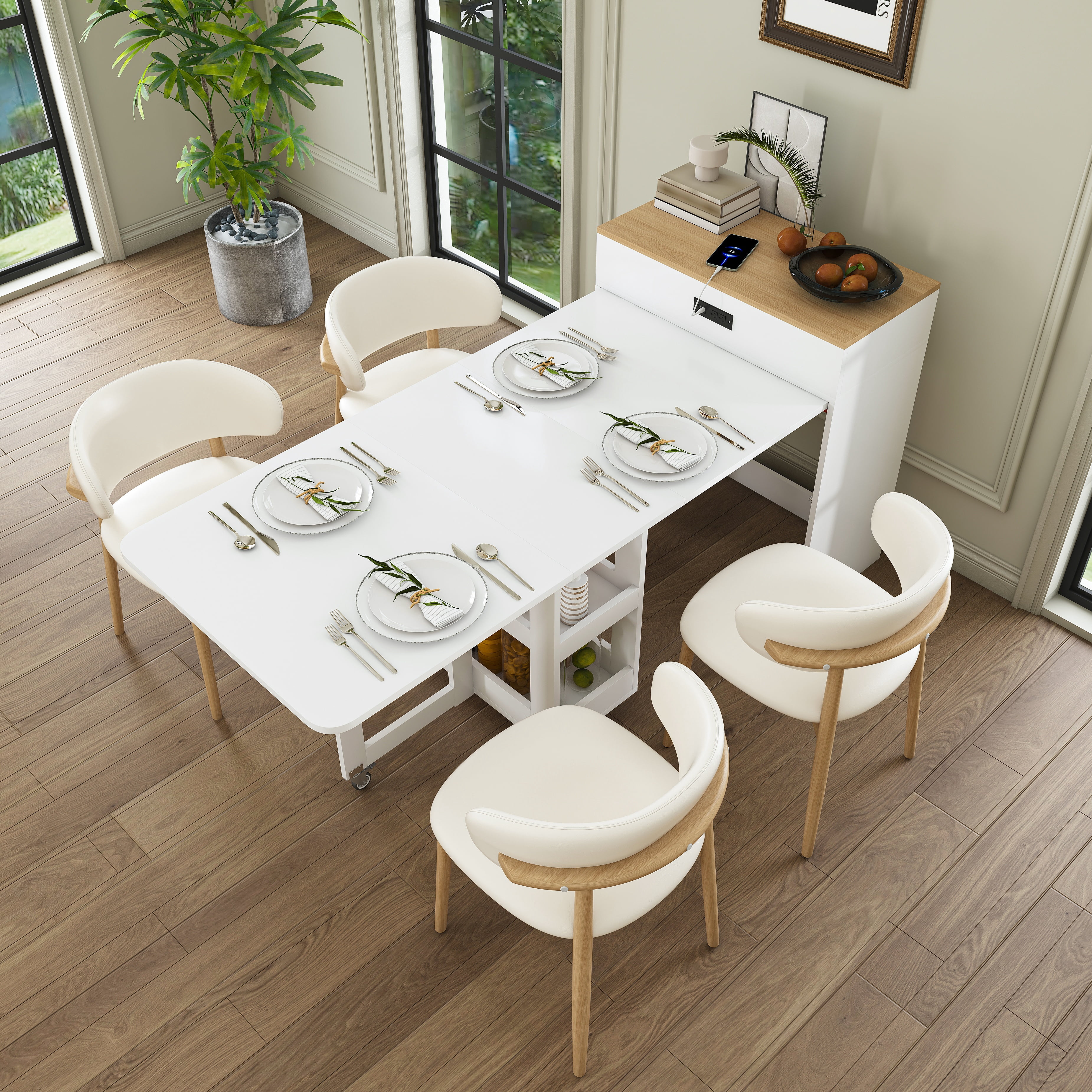 Mintazer Expandable Rolling Kitchen Island Dining Table with Power Outlet, Multi‑Mode Telescopic Folding Table with Lockable Casters & Storage Compartments for Small Apartment, White