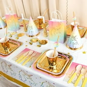 Gold Unicorn Party CORNET Supplies Buddle (for 12) - Premium Decoration Package with Tableware, Balloon Set, Banner, Cake Toppers, Hats, and Party Decor for Magical Unicorn Theme