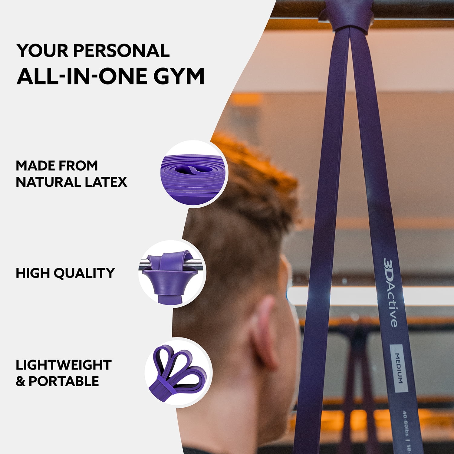 3DActive Resistance Band, Medium Workout Band for Strength & Resistance Training with Free Exercise Guide - Purple (40 to 80lbs)