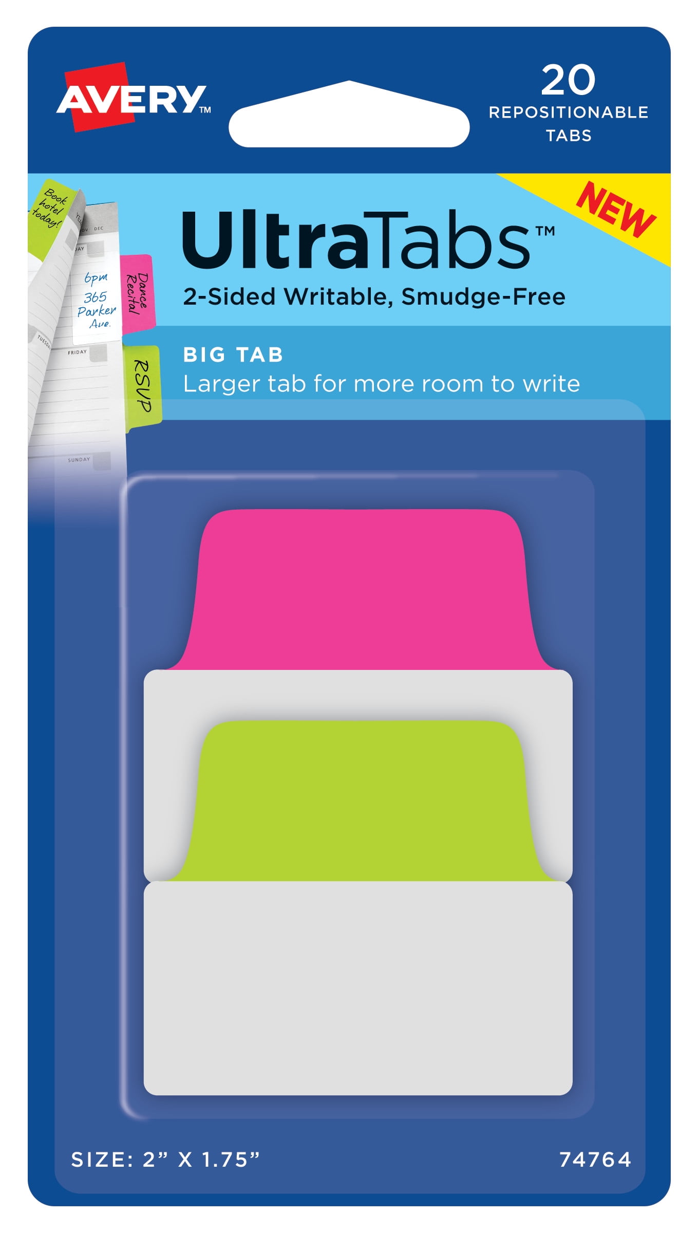 Big Ultra Tabs, 2' x 1.75', 20 Page Tabs, Assorted Neon