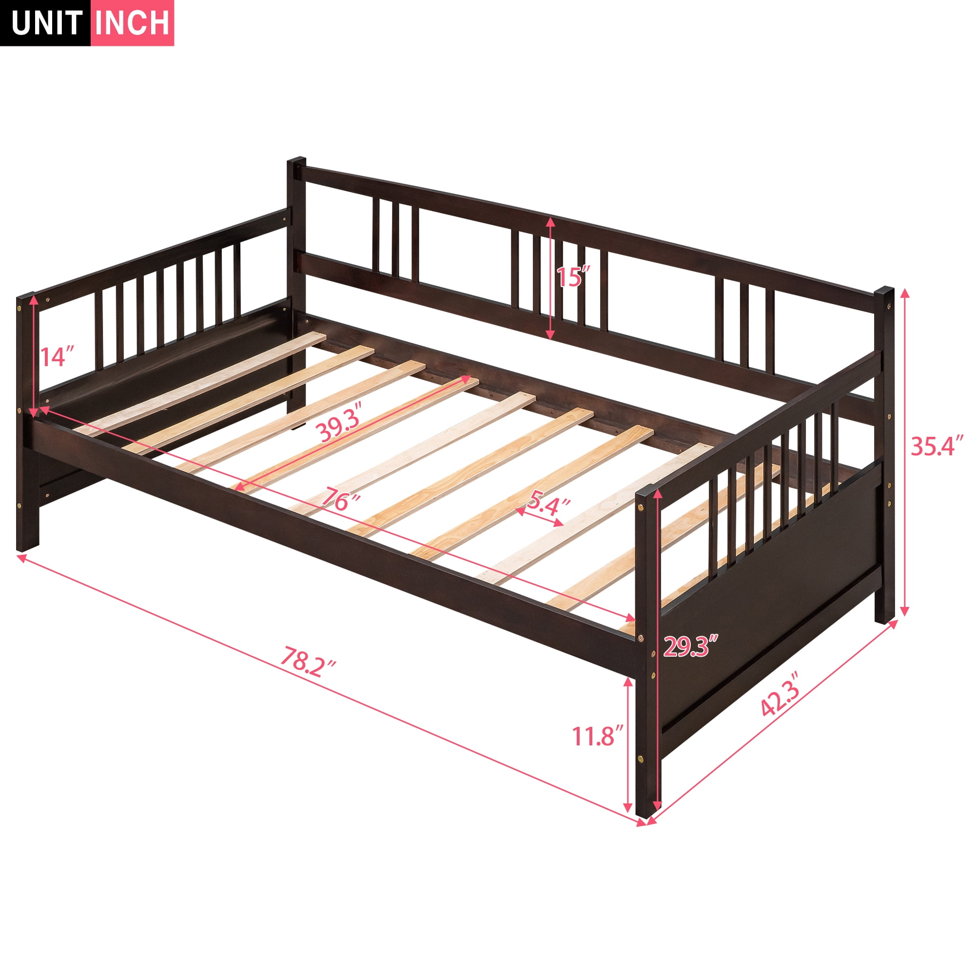 Gewnee Solid Wood Twin Size Daybed with Wooden Slats Support,Espresso