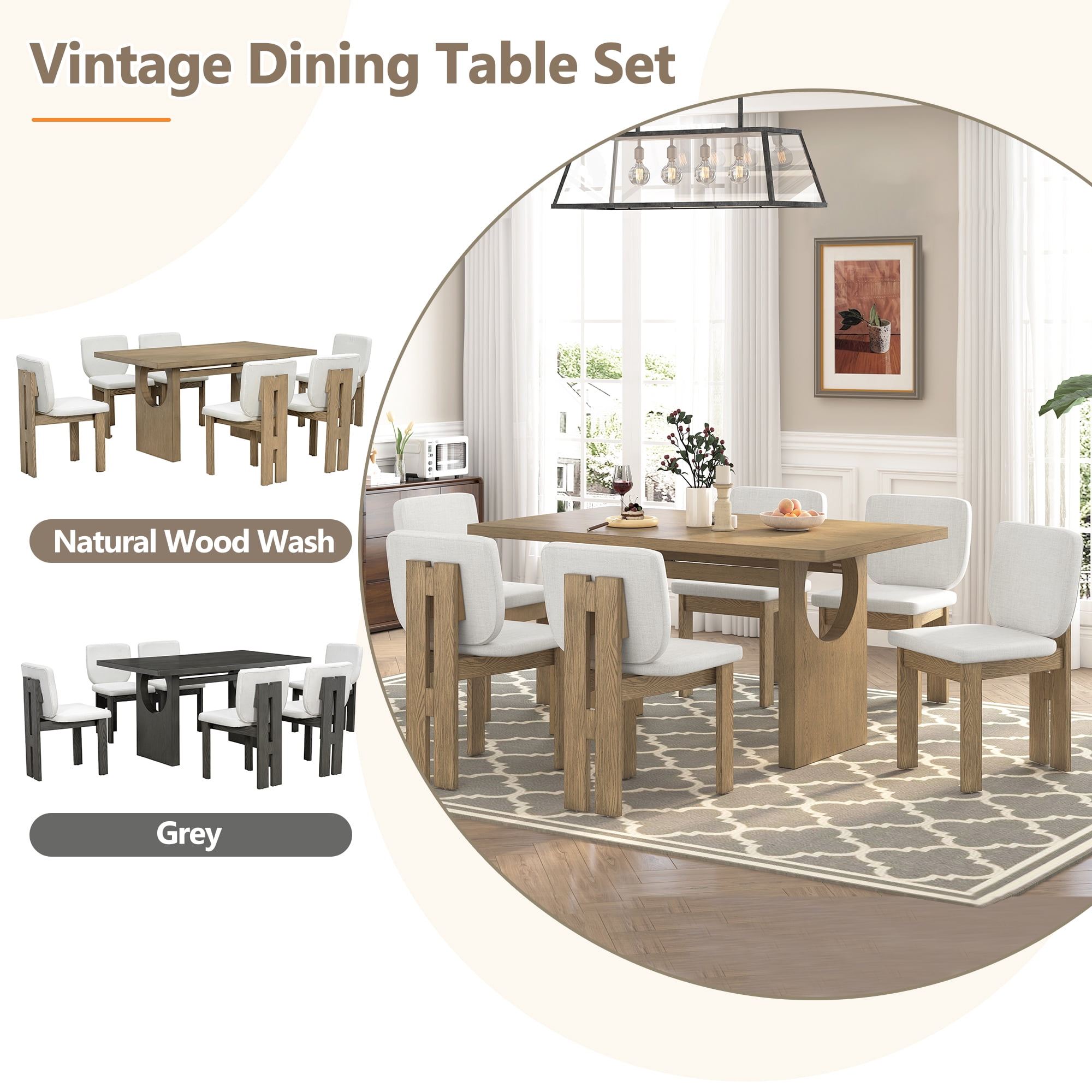 7-Piece Dining Table Set for 6, 60" Rectangular Dining Table with 6 Upholstered Chairs