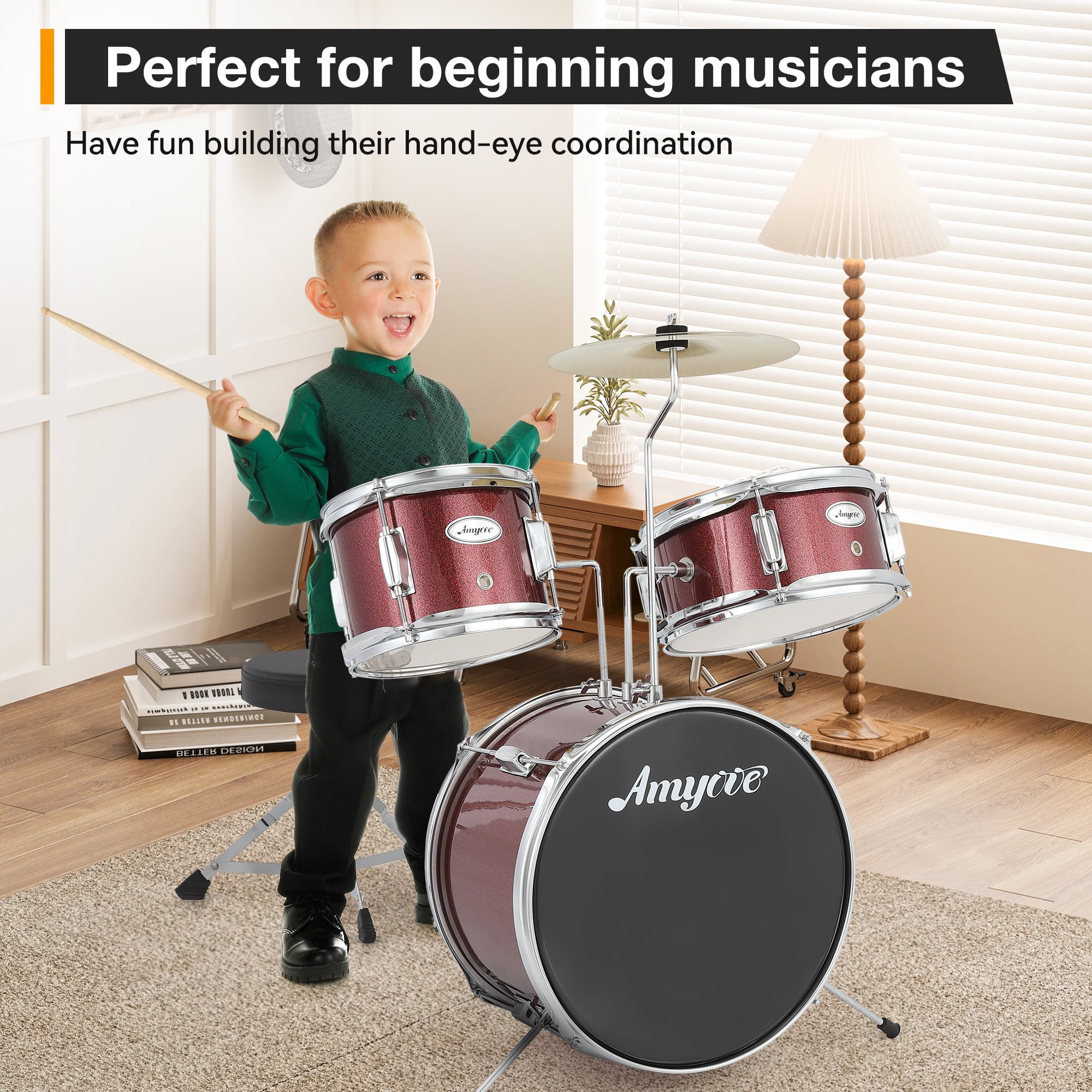 Drum Set, 3 Piece Junior Drum Set with with Cymbal, Tom, Bass Drum, Drumsticks, Bass Pedal and Drum Stool, Musical Instrument Gift Set For Beginner