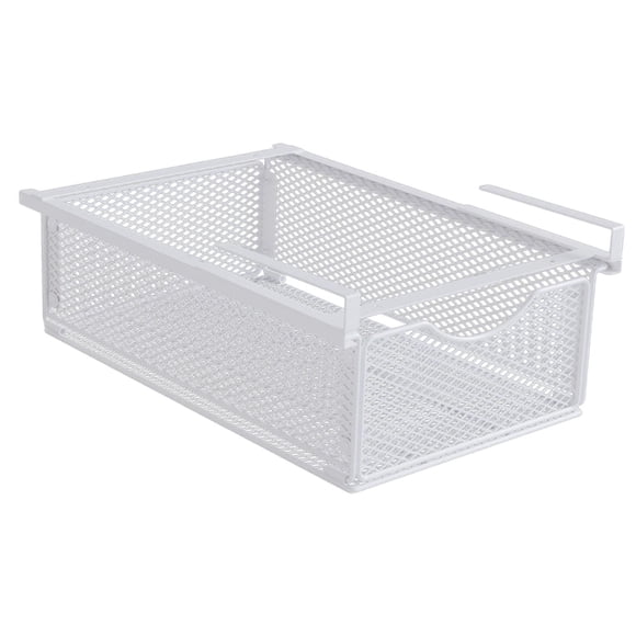 Cesta de almacenamiento metálica para fijar debajo de un estante, fabricada en acero al carbono, con sistema deslizante. Diseño de gancho blanco