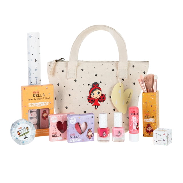 MISS NELLA Kids Bag of Wonders Juego de maquillaje y esmalte de uñas Regalo y divertido - Bolsa de cosméticos hipoalergénica, dermatológicamente probada, no tóxica, apta para niños incluida - Edició