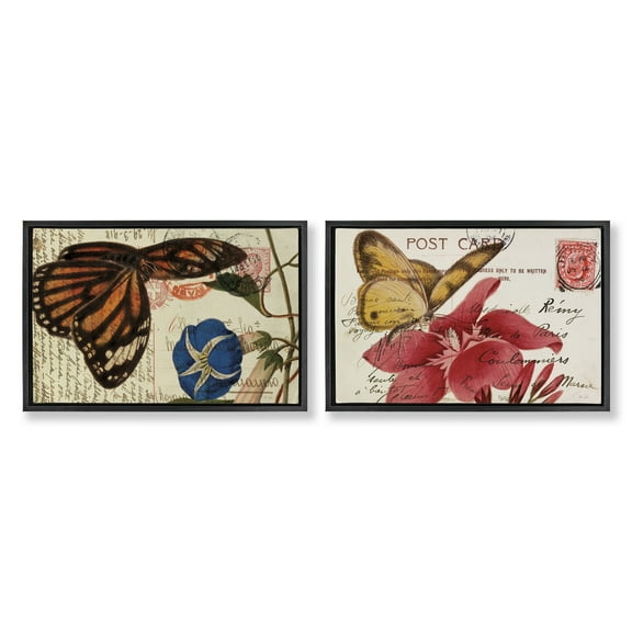 Stupell Industries Butterfly Accented Postcards Insects Painting Black Floater Framed Canvas Art Print Wall Art, 25 x 17, Set of 2