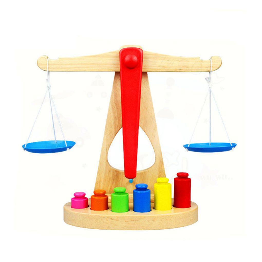 Machinehome Small Wooden Balance Scale and 6 Weights Kids Math Early  Educational Steelyard Baby Balancing Training Toy