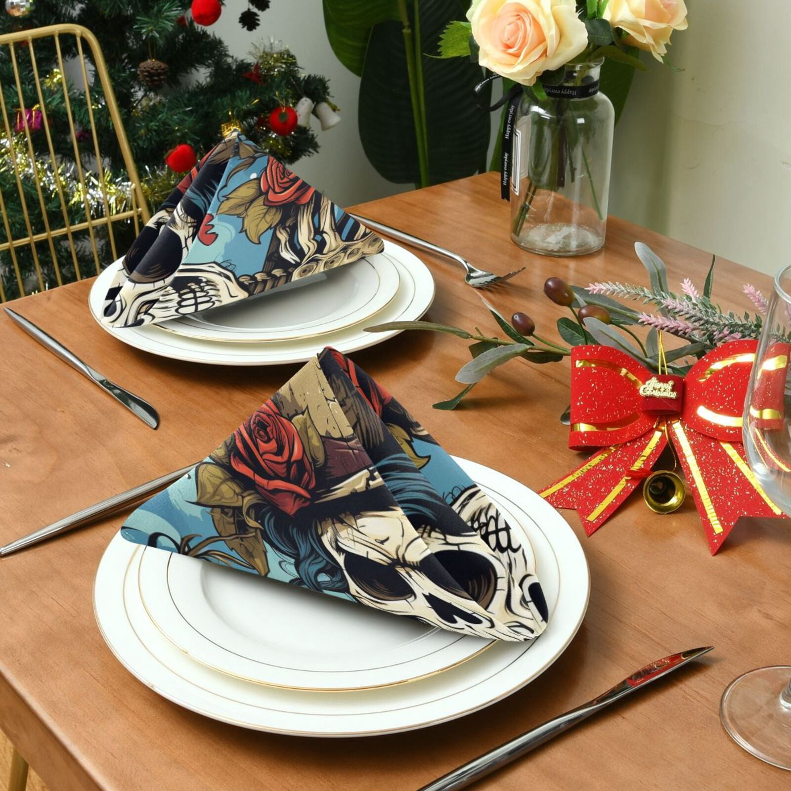 JSTEL Skull Rose Flowers Cloth Napkins Set of 6, 20x20 Inch Washable and Reusable Napkin for Decoupage Dinner Party Everyday Use