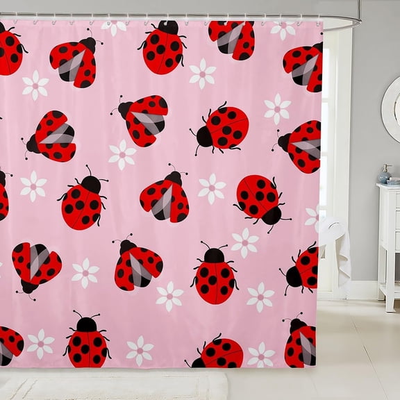 Pink Ladybug Shower Curtain with White Flowers Waterproof Fabric Bath Curtain for Bathroom 71x71 inches