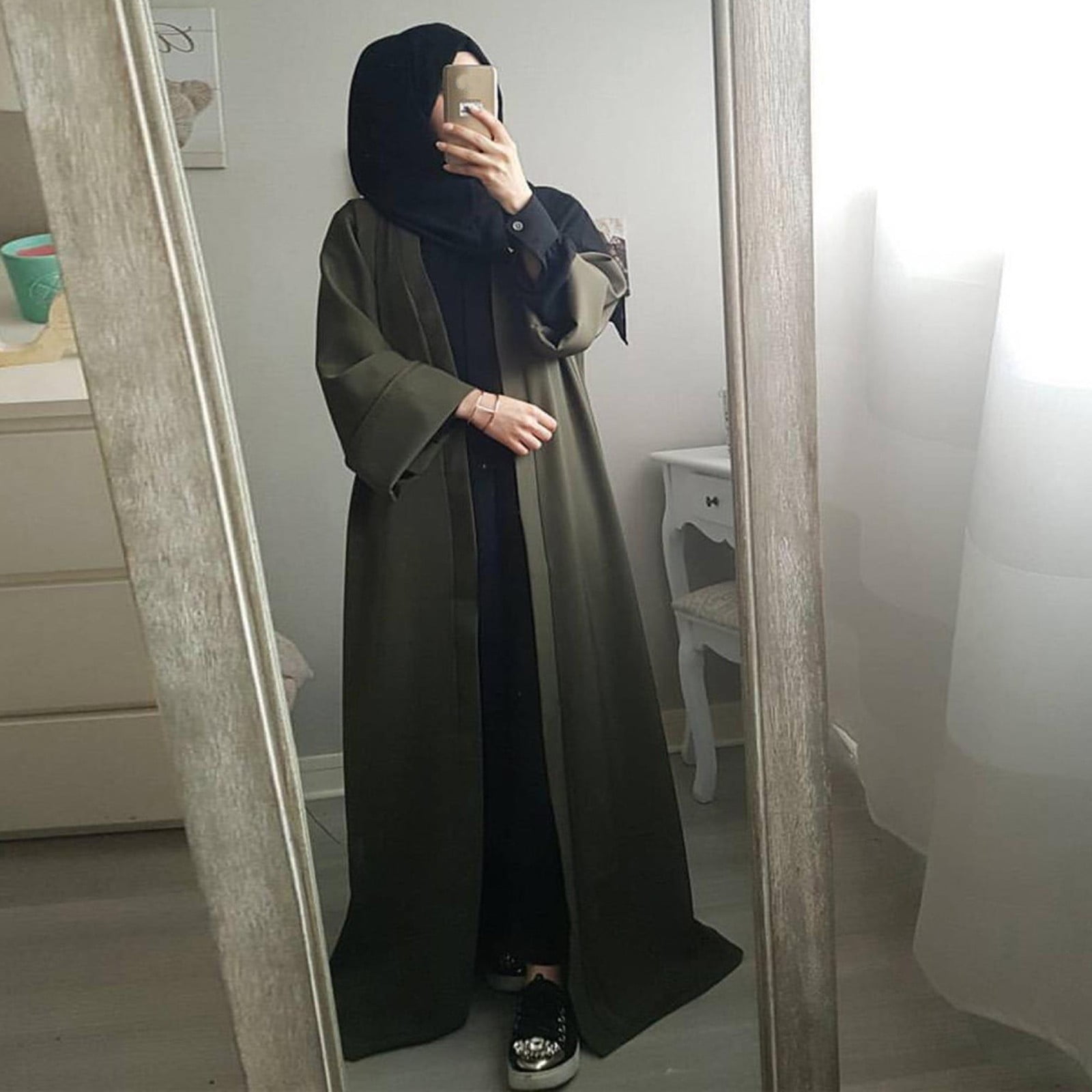 YYear Women Ramadan Long Sleeve Maxi Tiered Dress Long Cardigan Coat Muslim Abaya Robe