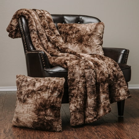 Chanasya 3-Piece Faux Fur Throw Blanket Pillow Cover Set - Super Soft Fuzzy Cozy Fluffy Plush Sherpa Throw (50" x 65") & 2 throw pillow Covers ( 18"x18") - For Couch Bed Chair Daybed - Chocolate