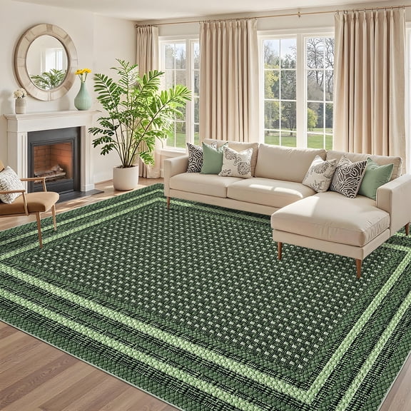 Hasoo Large Washable Rug 10' x 13' Area Rug for Living Room Modern Simulated Woven Texture Bordered Non-Slip Neutral Indoor Decor Carpet, Green