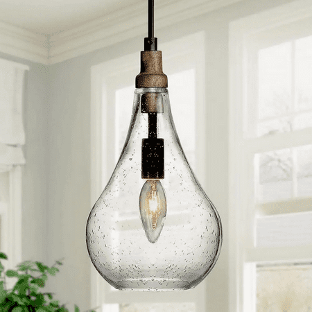 

Modern Farmhouse Teardrop Kitchen Island Pendant Lighting Maya 1-Light Black Wood Pendant Light with Seeded Glass Shade