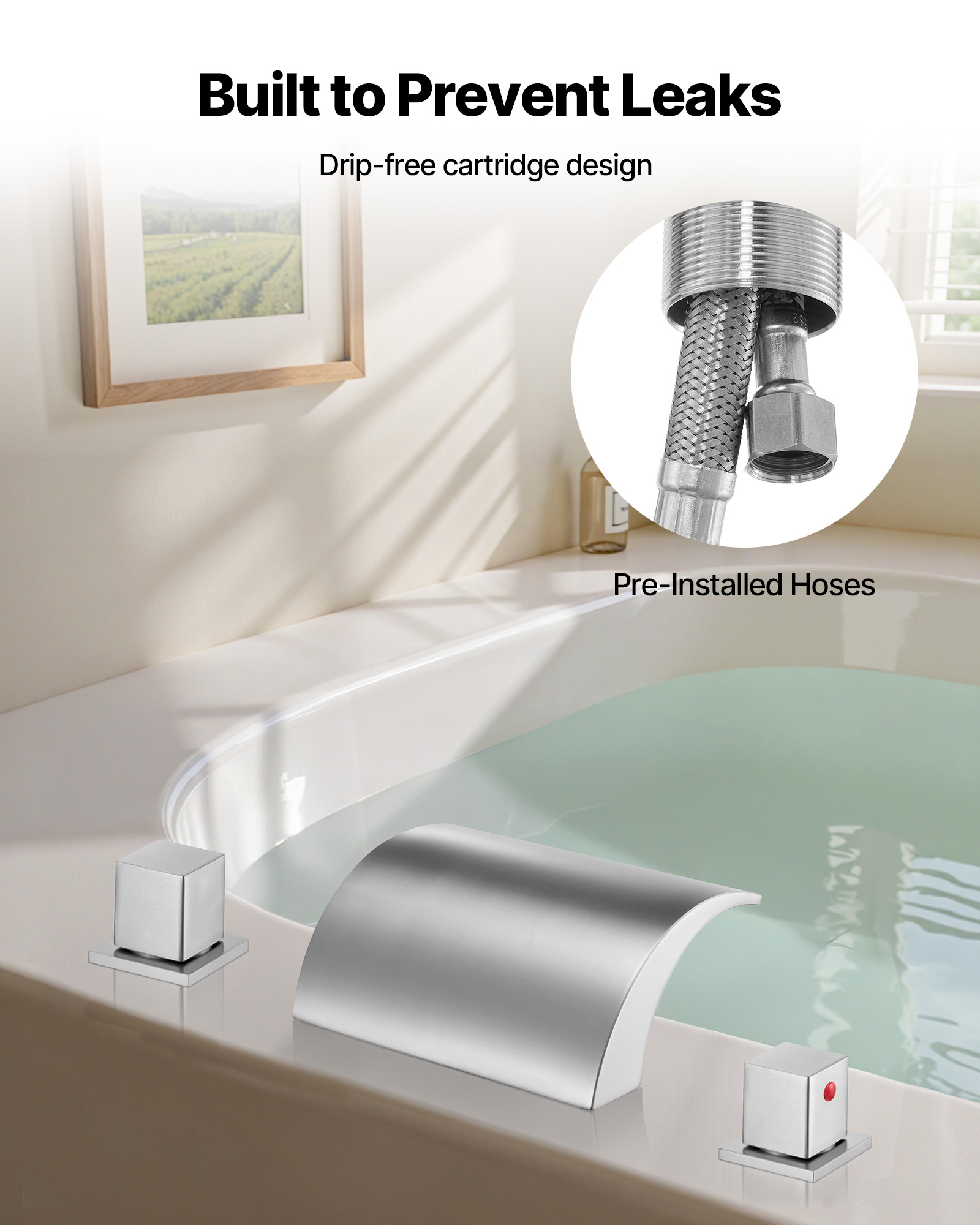 VEVOR Roman Tub Faucet, 3 Hole Waterfall Bathtub Faucet, Bath Tubs Faucets Set with 2 Handles, Deck Mount Bath Tub Faucets Set for Adult Bathing, Silver, Waterfall Spout Design, Temperature Control