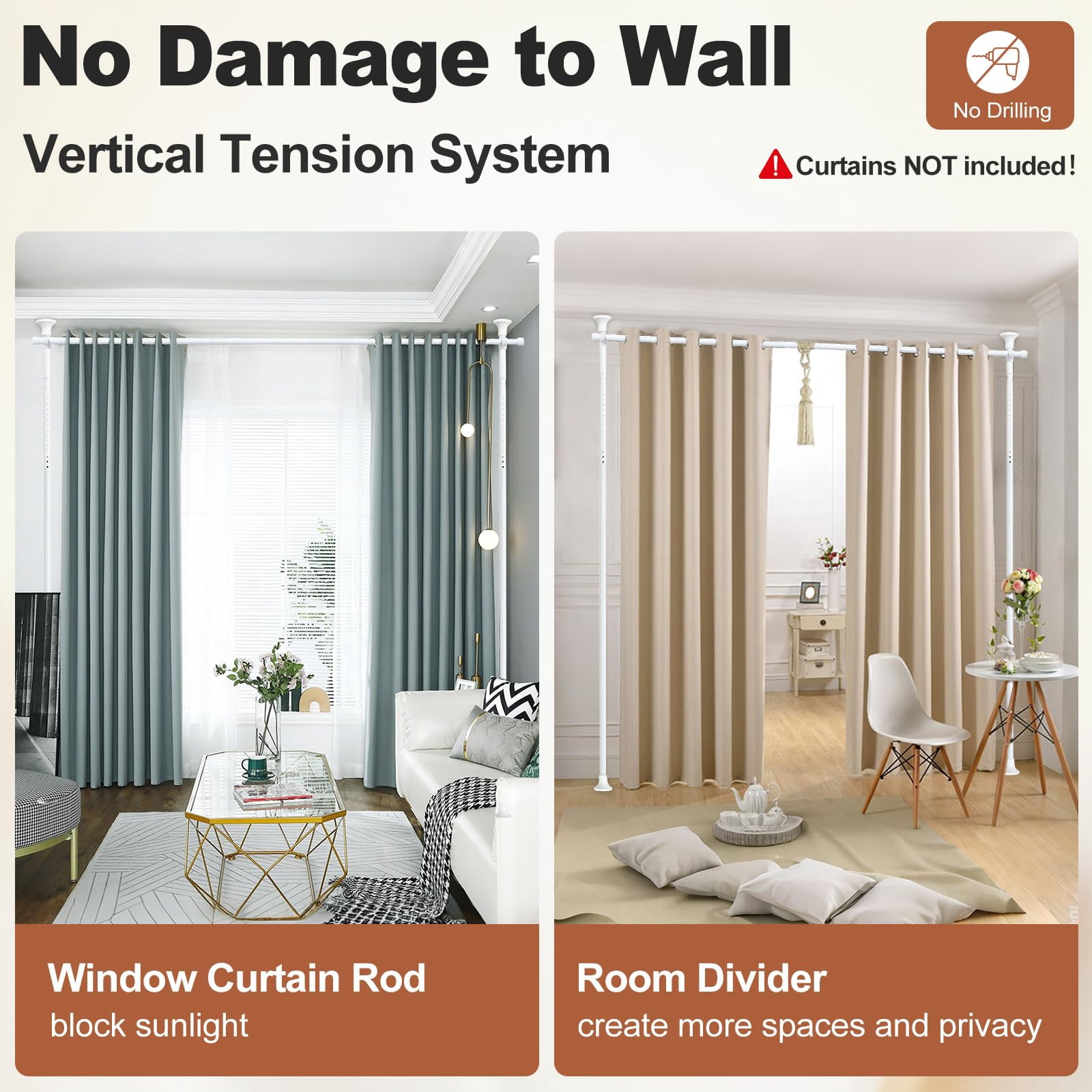 AEASKIEY Room Dividers Curtain Rod No Drill, 4-10ft(H) 28-70inch(W), Adjustable Heavy Duty Floor to Ceiling Tension Rod for Room Separation Temporary Privacy Separator Window Rods, White