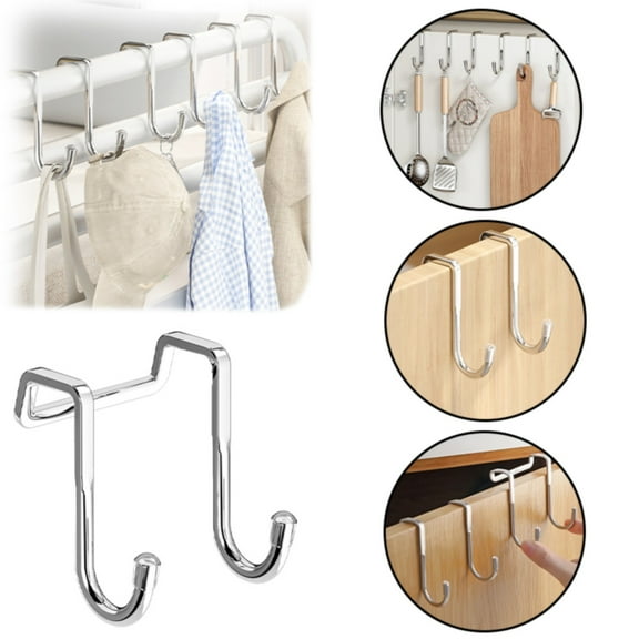 Double Hanger Hook, Shaped Stainless Hooks No Drilling Multipurpose, Home and Kitchen, 3 Stainless Steel Hooks, By Meiiso
