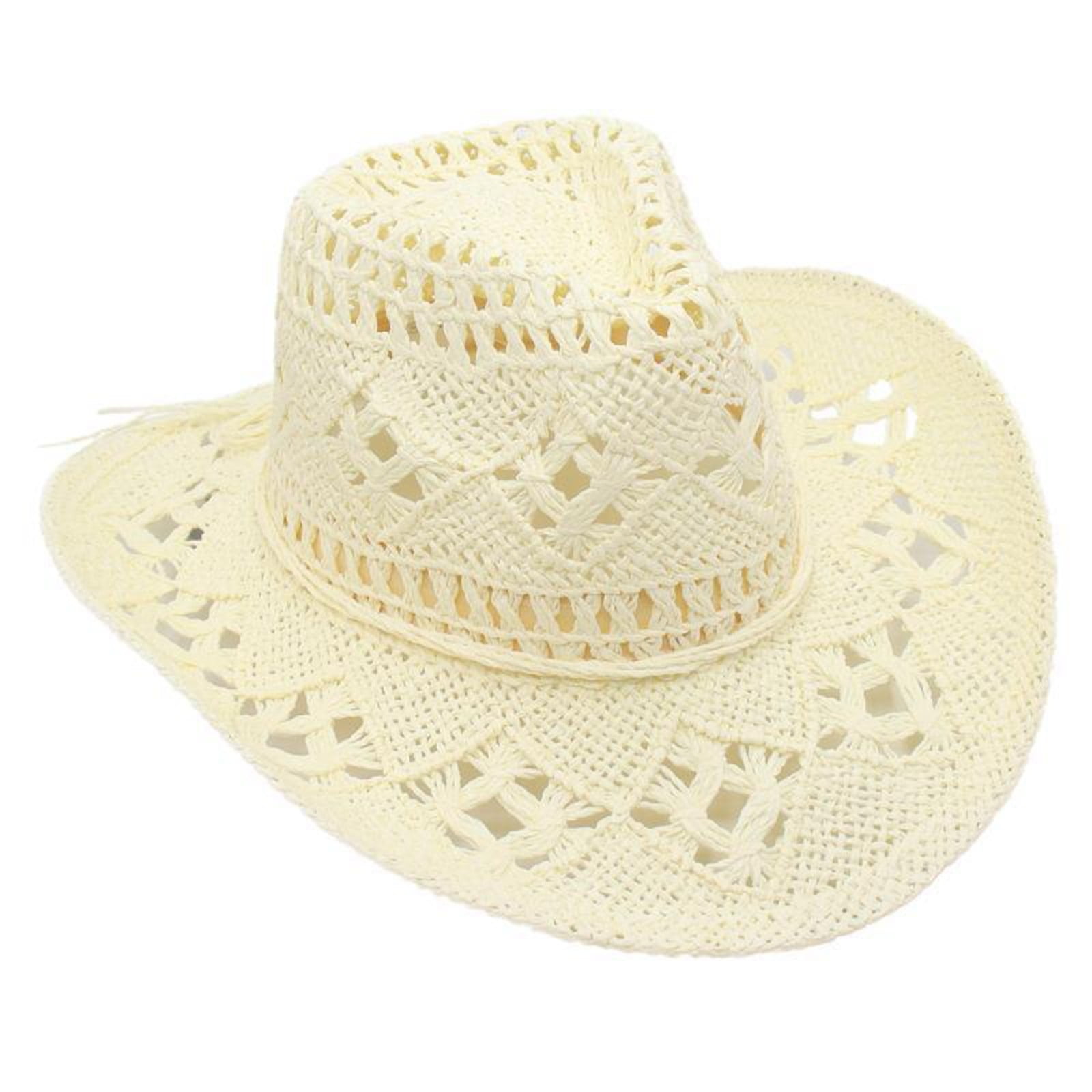Ehtmsak Straw Cowboy Hat for Women Wide-brimmed Western Cowboy Cowgirl Multi-functional Sun Hat for Summer White Free size, adult Unisex, Size: One