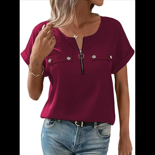 Blusa con Cremallera para Mujer, de Poliéster, con Botones y Corta, Ideal para el Tiempo Libre, Color Burdeos, Talla S