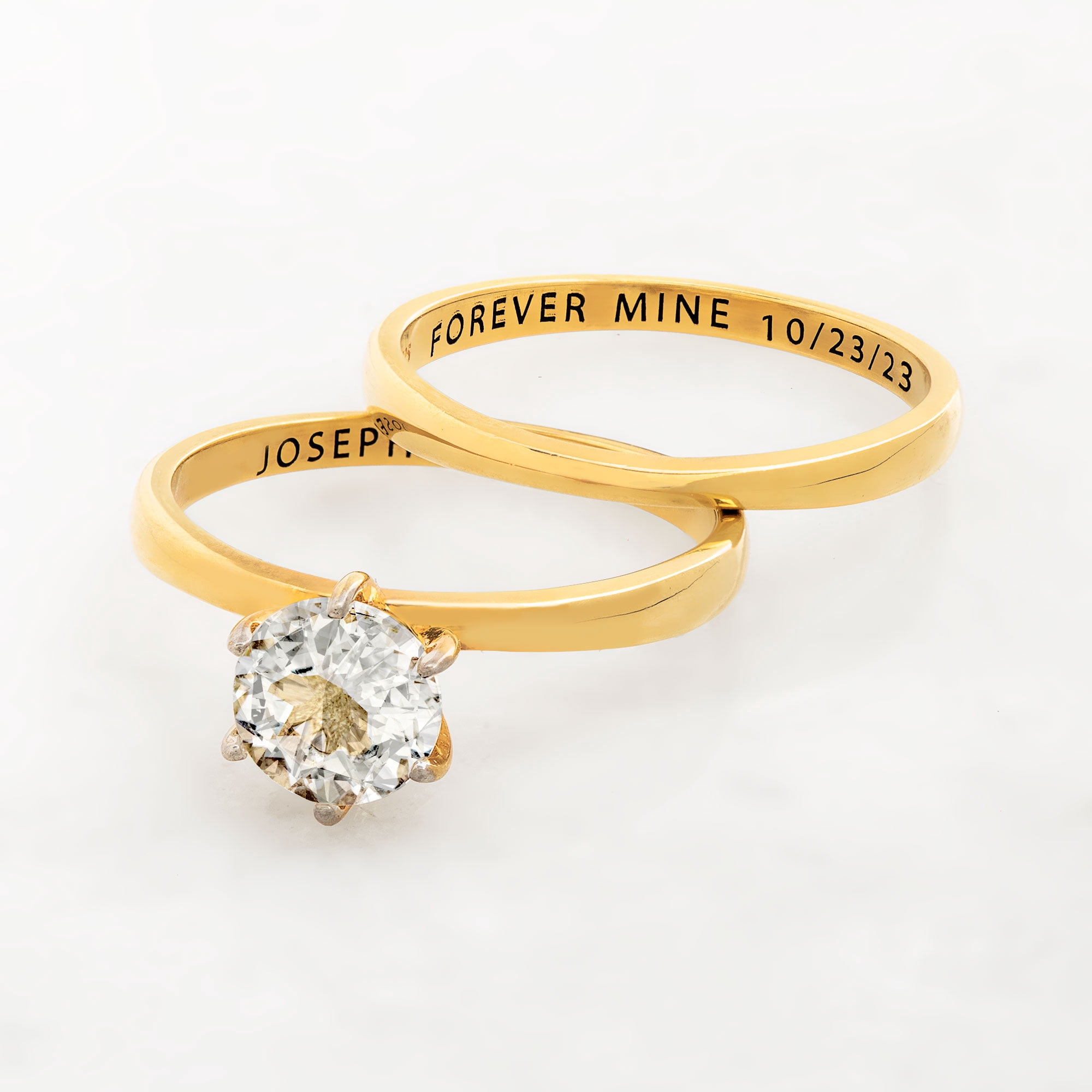 Vow & Forever Personalized Planet Bridal 14K Gold over Sterling Silver Round White Topaz 2-Piece Engraved Wedding Ring Set ,Women's