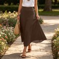 thumbnail image 5 of IUYRTFE Women Elastic Waist Cotton Linen Midi Skirt Solid Color Casual A Line Skirt for Summer Vacation Daily Wear, 5 of 7