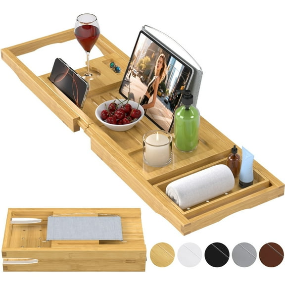 Bamboo Bathtub Caddy Tray for Tub,Expandable Bath Table Trays,Premium Bathroom Accessories for New Home & Mothers Day & Birthday Gifts for Couples