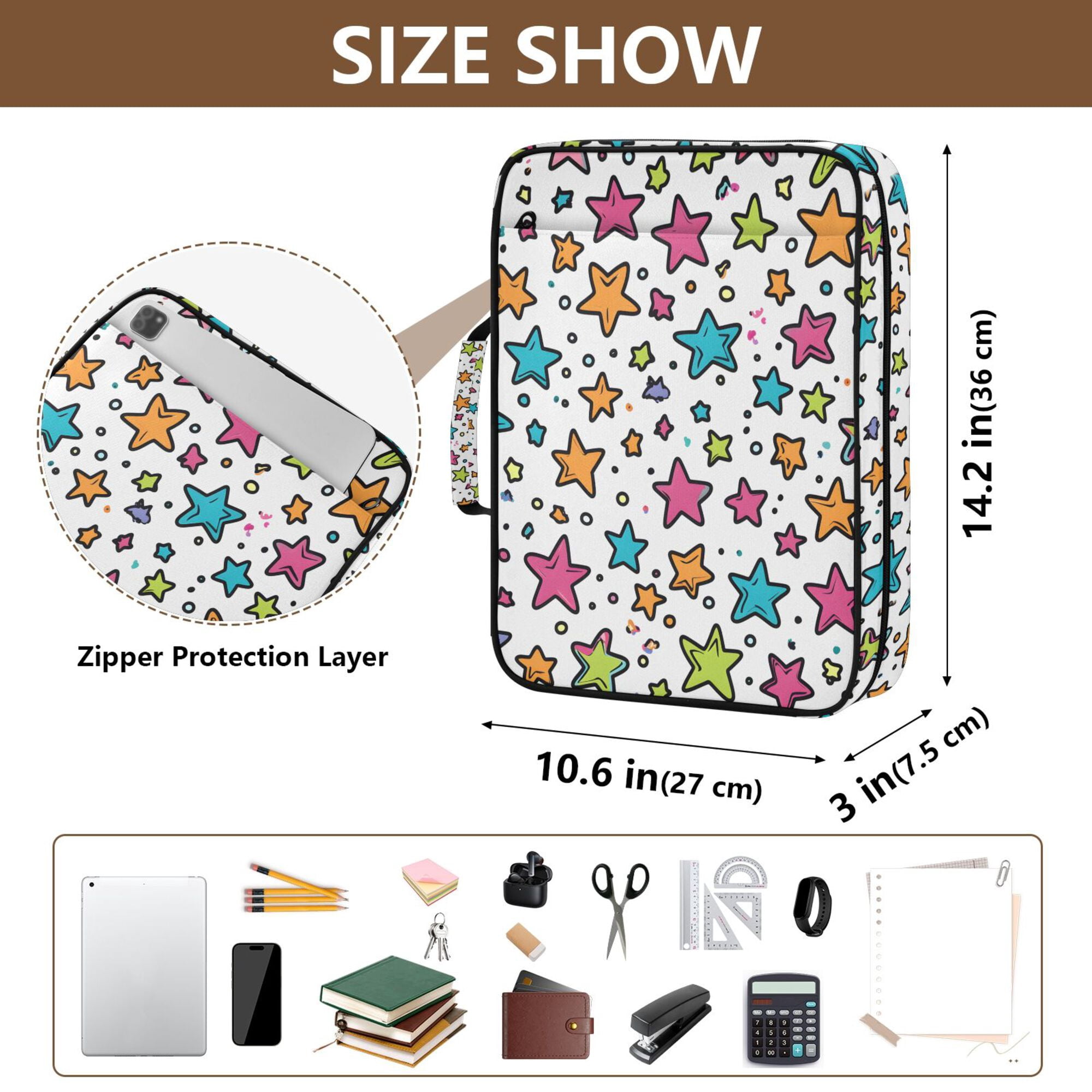 FORMRS Accordion File Folder A4 Size 7-Pocket Expanding Document Organizer Bag with 3 Ring Binder, White Stars