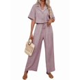 thumbnail image 3 of Women'S Casual 2 Piece Set V-Neck Short-Sleeved Tops Straight Wide Leg Pants Outfit Lotus Root Color M, 3 of 9