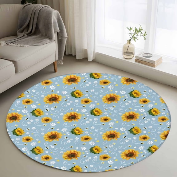 Small Round Rug 3Ft Washable Non-Slip, Blue Yellow Sunflower Circle Area Rugs for Living Room Bedroom, Summer Botanical Farmhouse Floral Indoor Floor Mats Carpet Runner for Home Decor