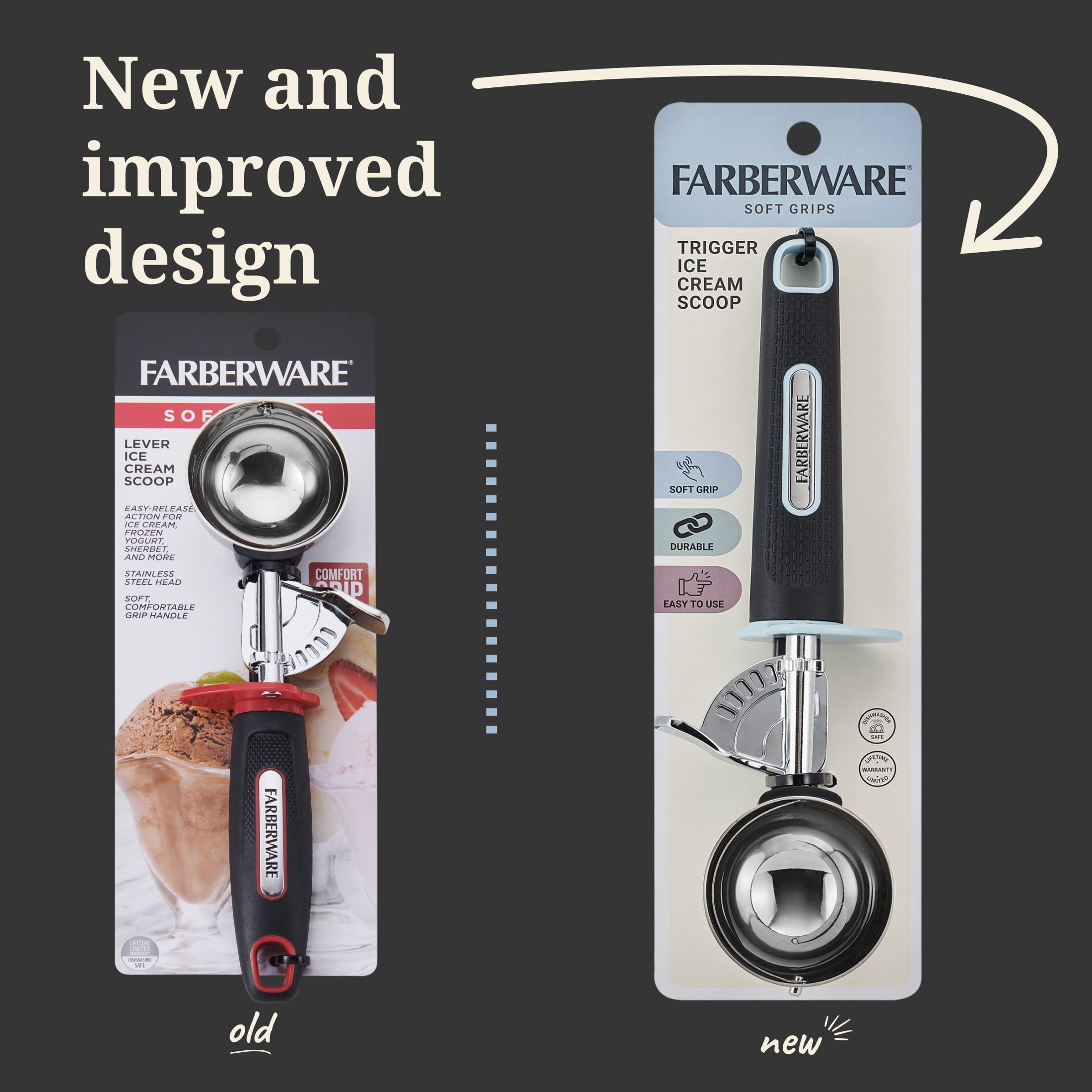 Farberware Soft Grips Trigger Ice Cream Scoop Black Handle with Slate Blue Accents