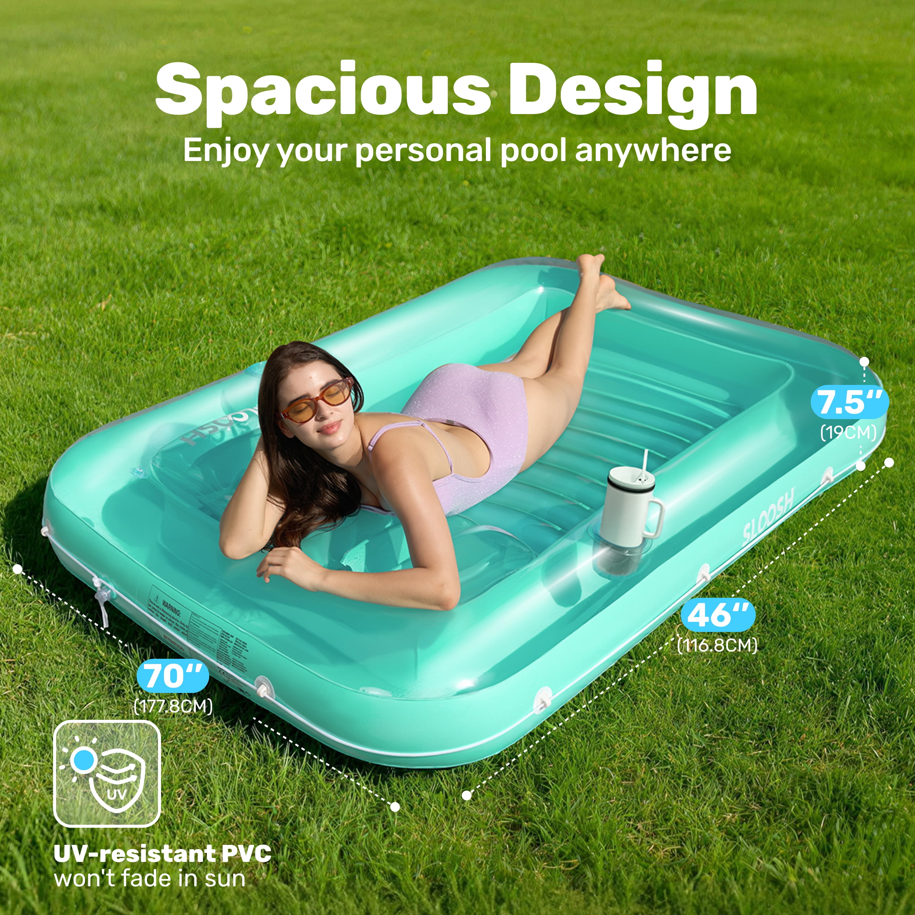 SLOOSH Inflatable Tanning Pool Lounger Float for Adults, 70" x 46" Large Suntan Tub Pool Floats Sun Tan Tub Ice Bath Tub Tanning Bed Blow up Pool Raft Lounge Floatie,L-Cyan